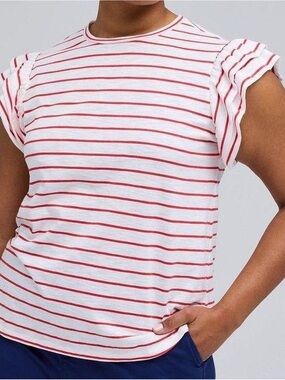 Torrid Women's White & Red Striped Ruffle Sleeve Tee